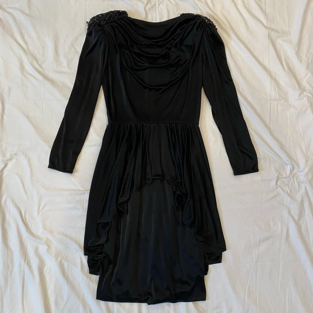 Vintage 80s Women's Elegant Black Draped Dress with Beaded Details by Abby Kent - Picture 6 of 11